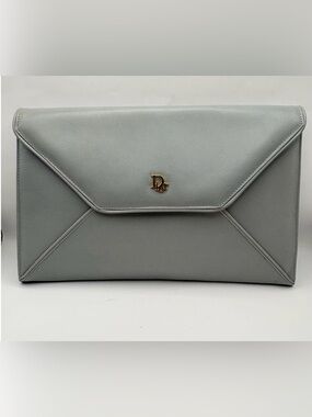 Vintage Christian Dior Gray Leather Envelope Clutch Gold CD Logo Authentic